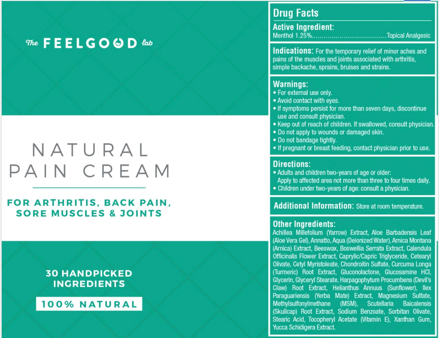 The FEEL GOOD lab Natural Pain Cream  - Plant Based 3.4 fl. oz.